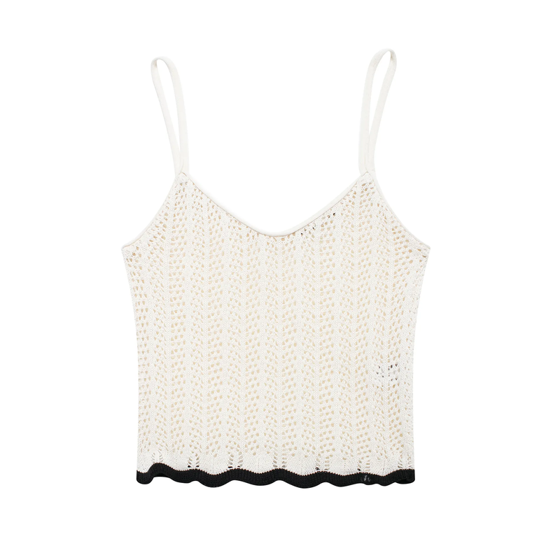 Nako Beige With Black Lining Spaghetti Strap Knitted Crop Top