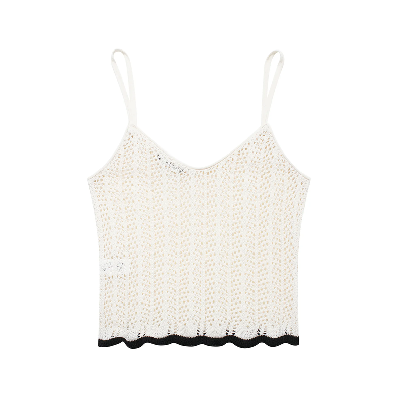 Nako Beige With Black Lining Spaghetti Strap Knitted Crop Top