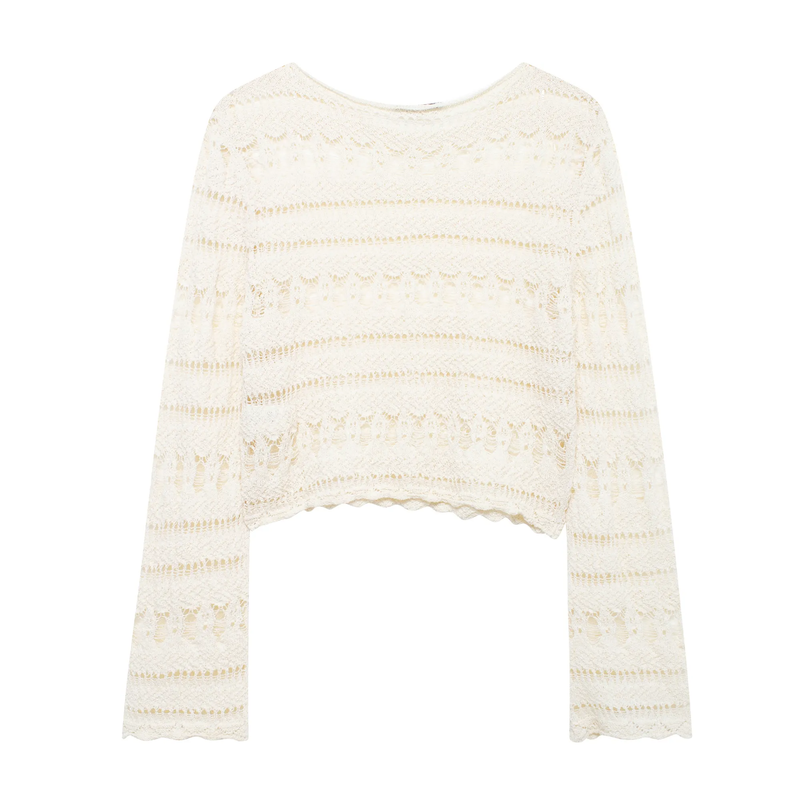 Haruto Beige Eyelet Crew Neck Long Sleeve Knitted Pullover Sweater