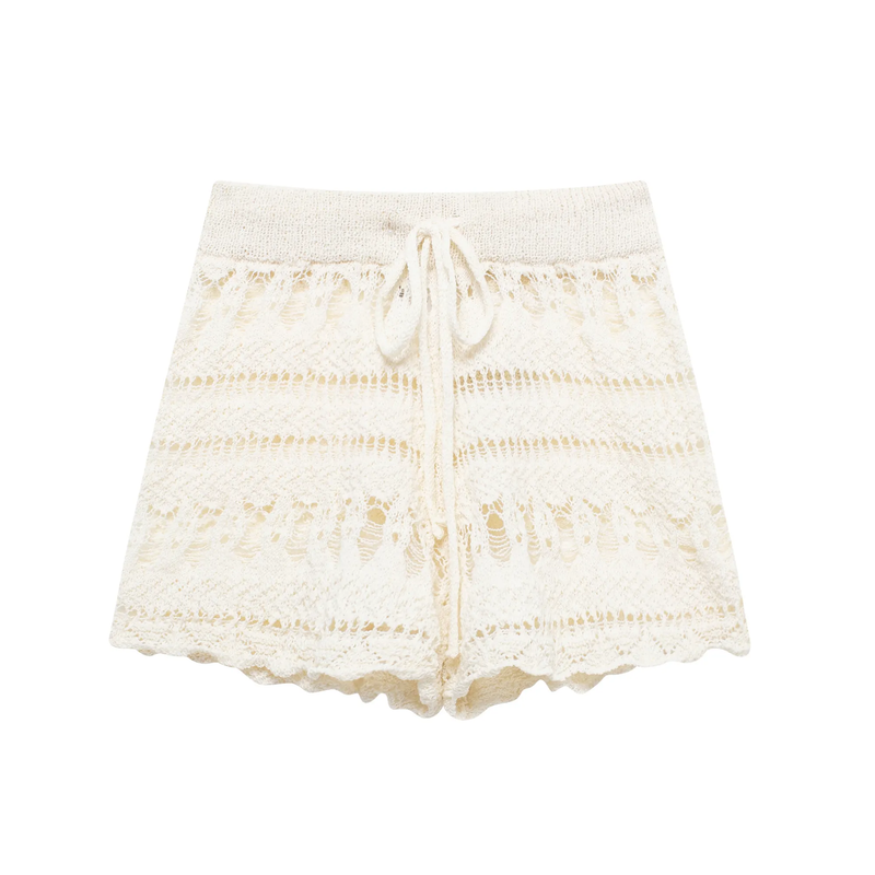 Hinata Beige Drawstring Waist Eyelet Knitted Shorts