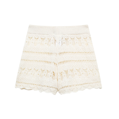 Hinata Beige Drawstring Waist Eyelet Knitted Shorts