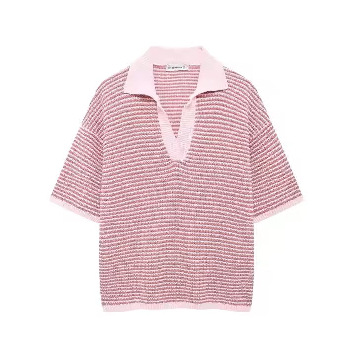 Magnus Pink V-Neck Short Sleeve Knitted Top