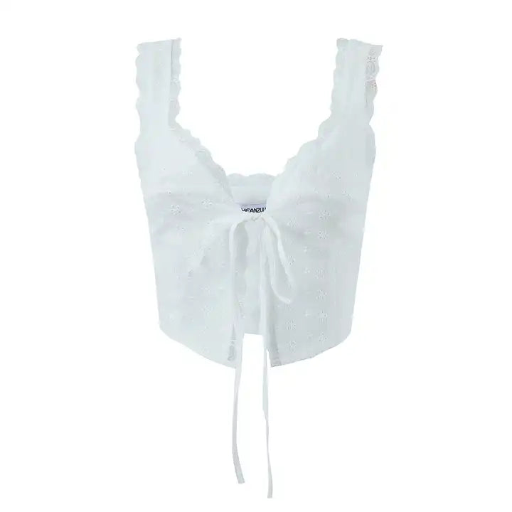 Farida White V Neckline Eyelet Front Bow Tie Lace Strap Sleeveless Top