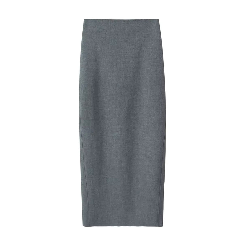 Anette Gray Back Slit Zipper Fly Casual Long Pencil Skirt