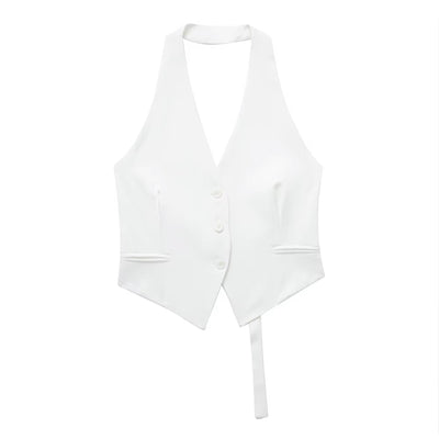 Xylina White Back Hollow Out Buttons up Halter Vest