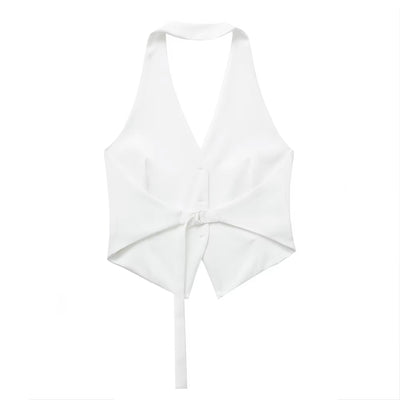 Xylina White Back Hollow Out Buttons up Halter Vest