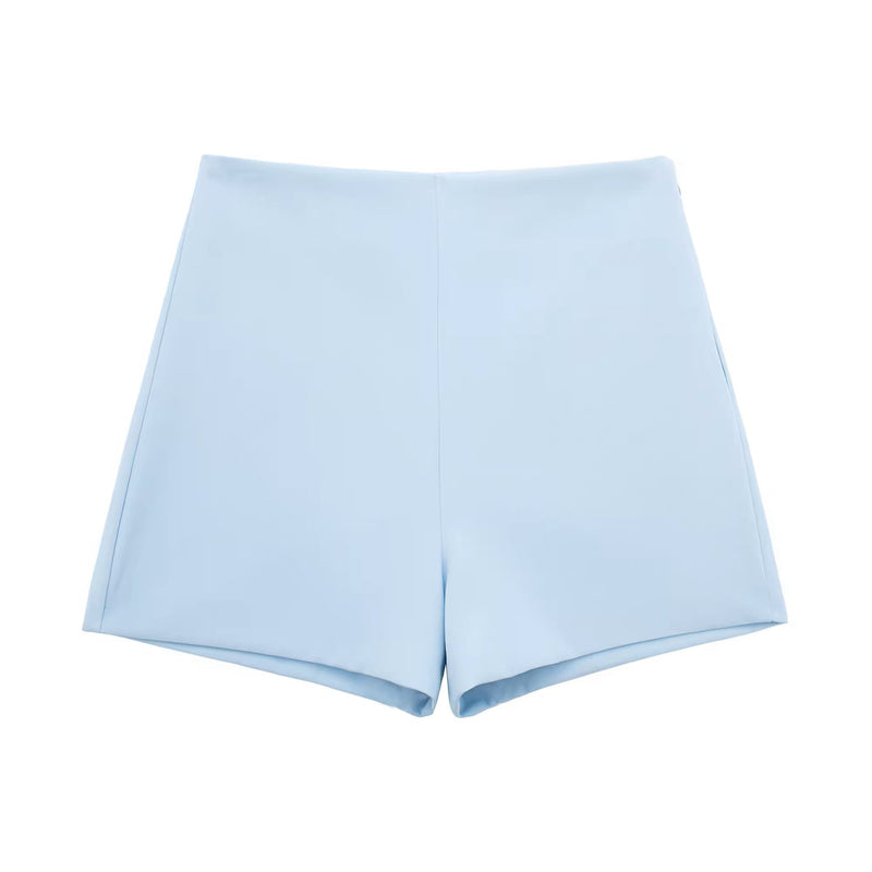 Snowbell Blue Zipper Fly High Waist Shorts