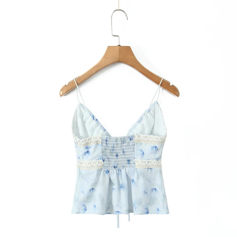 Eartha Light Blue Floral Print V-Neck Top