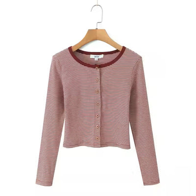 Thorn Very Red Striped Pattern Crew Neck Cardigan Top