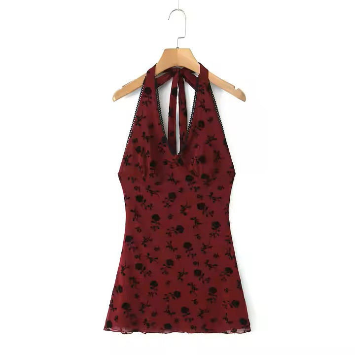 Meredith Red Velvet Floral Pattern V-Neck Halter Mini Dress