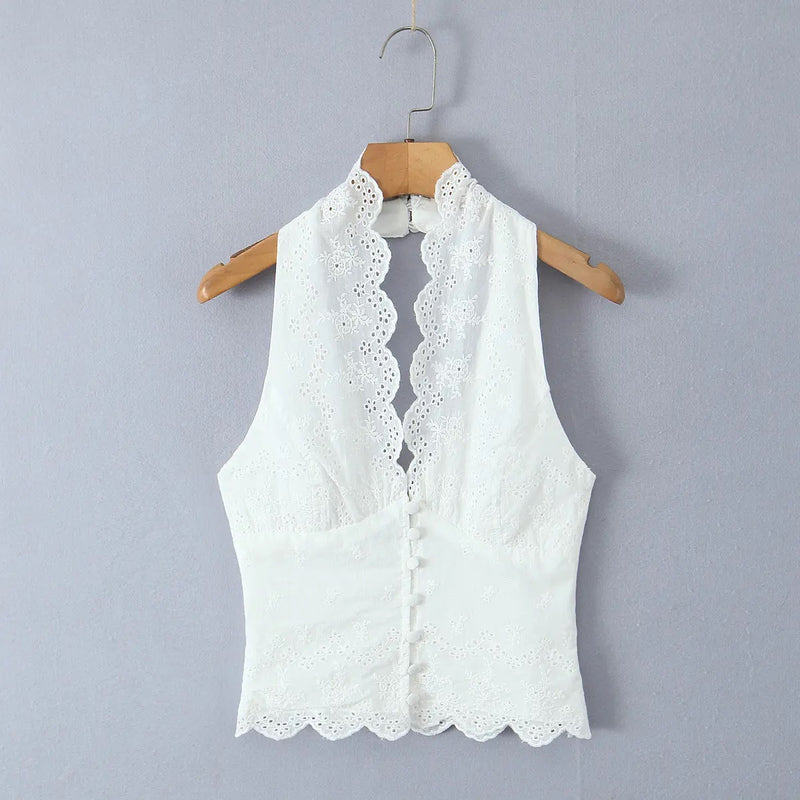 Saylor White Embroidery Back Hollowout Tank Top