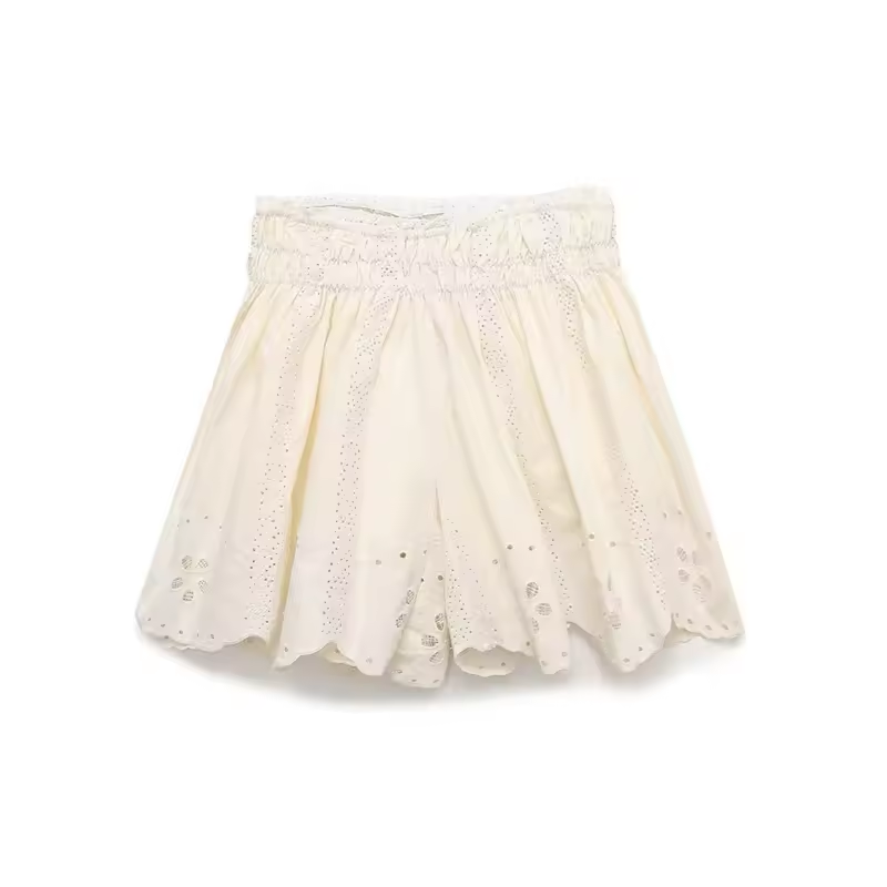 Gemini Beige Embroidered Elastic Waist Pleated Mini Skirt