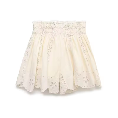 Gemini Beige Embroidered Elastic Waist Pleated Mini Skirt