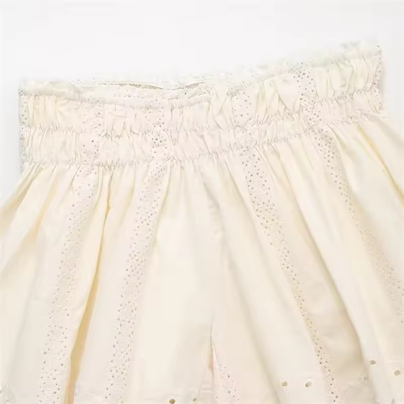 Gemini Beige Embroidered Elastic Waist Pleated Mini Skirt