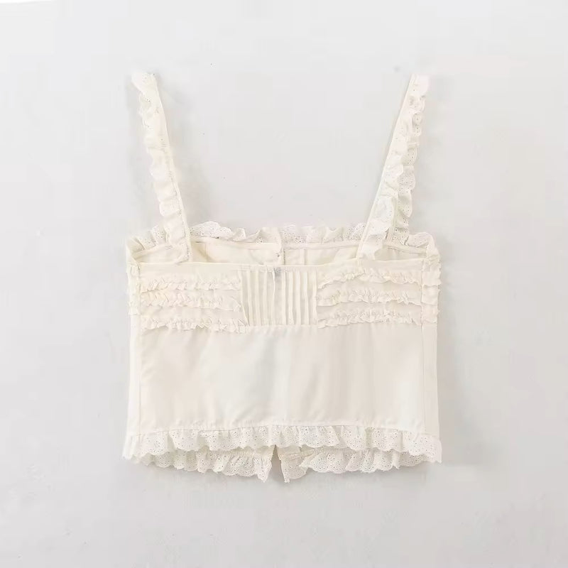 Clove Beige Embroidered Ruffled Tank Top