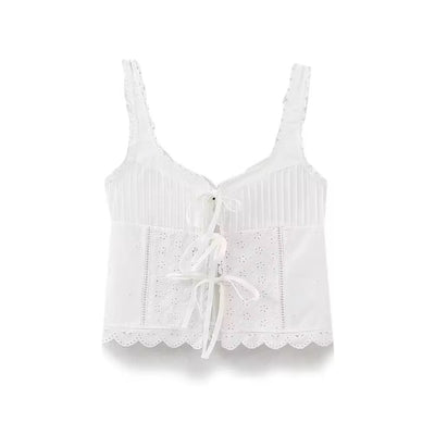 Henky White Floral Embroidery Cropped Top Square-Cut Neck Lace Trims Tank Top