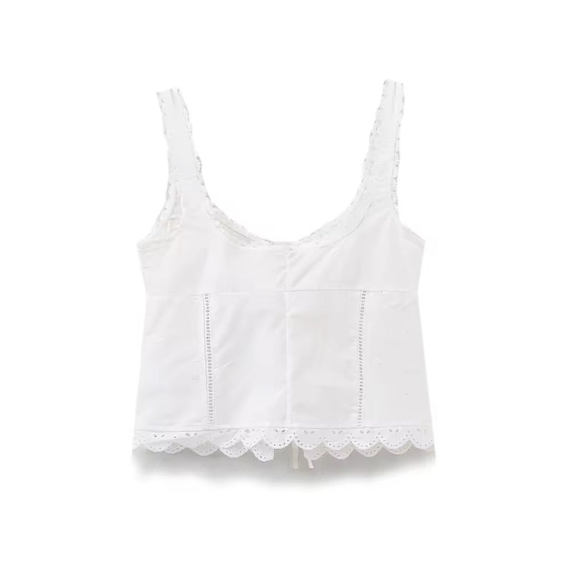 Henky White Floral Embroidery Cropped Top Square-Cut Neck Lace Trims Tank Top