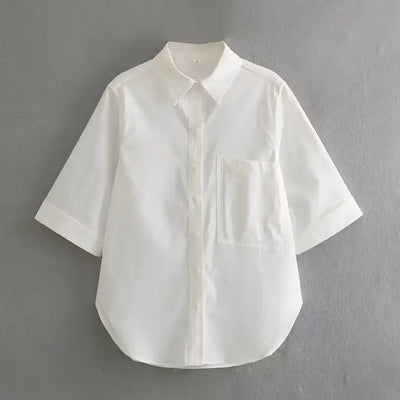 Calla White Turn Down Collar Button Up Front Pocket Short Sleeves Casual Top