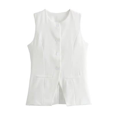 Nolana White Round Neck Button Down Closure Sleeveless Slim Suit Vest