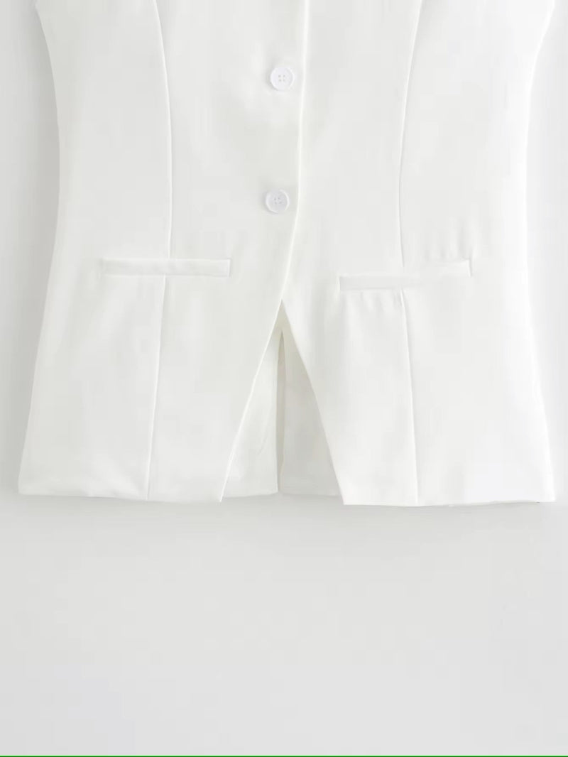 Nolana White Round Neck Button Down Closure Sleeveless Slim Suit Vest