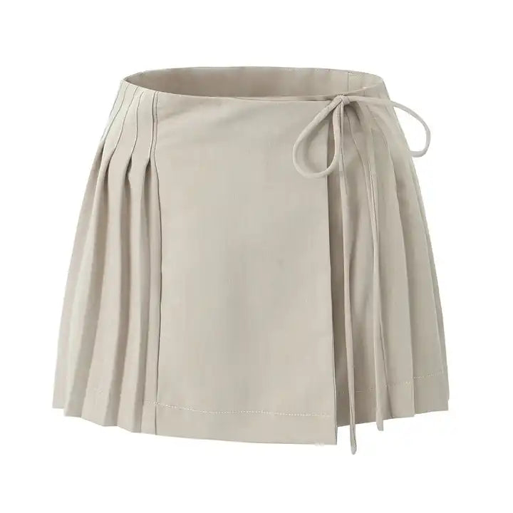 Annadyl Khaki Side Lace Up Pleated Zipper Fly Casual Mini Skirt