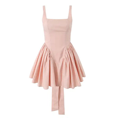 Kiehl Pink Square Neckline Pleated Skirt Big Bow Sexy Back Detail Mini Dress