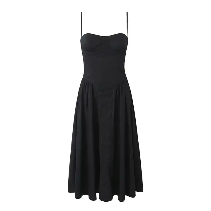 (PRE-ORDER: ETA November 10) Hiraya Black Sweetheart Neckline Shaped Bust Back Zipper Pleated Skirt Sleeveless Midi Dress