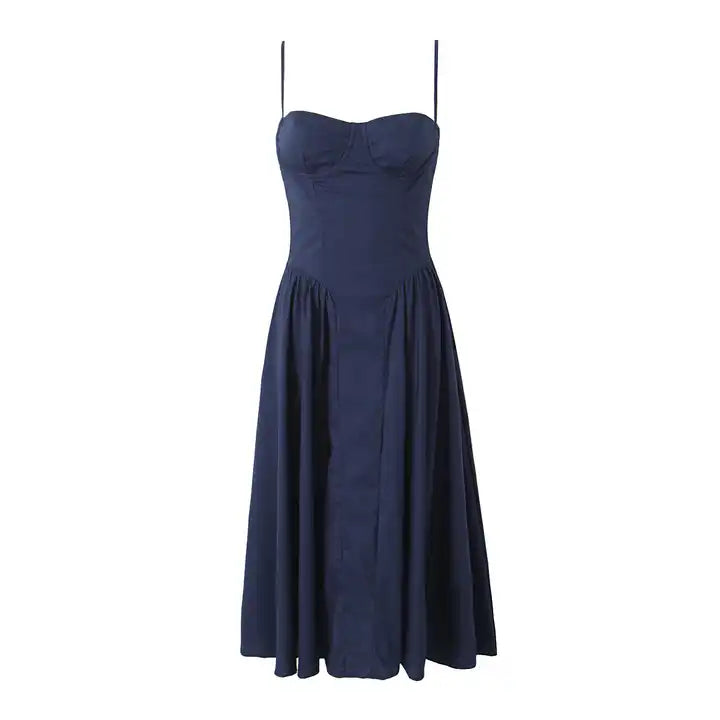 Hiraya Navy Blue Sweetheart Neckline Shaped Bust Back Zipper Pleated Skirt Sleeveless Midi Dress