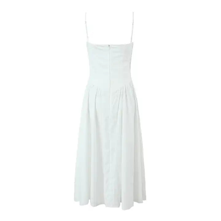 Hiraya  White Sweetheart Neckline Shaped Bust Back Zipper Pleated Skirt Sleeveless Midi Dress