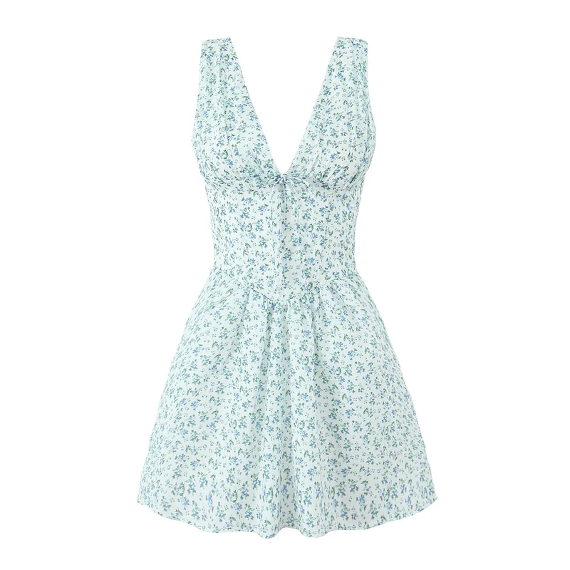 Marie Blue Floral Print V Neck Sleeveless Mini Dress