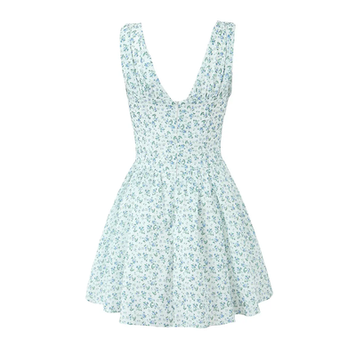 Marie Blue Floral Print V Neck Sleeveless Mini Dress