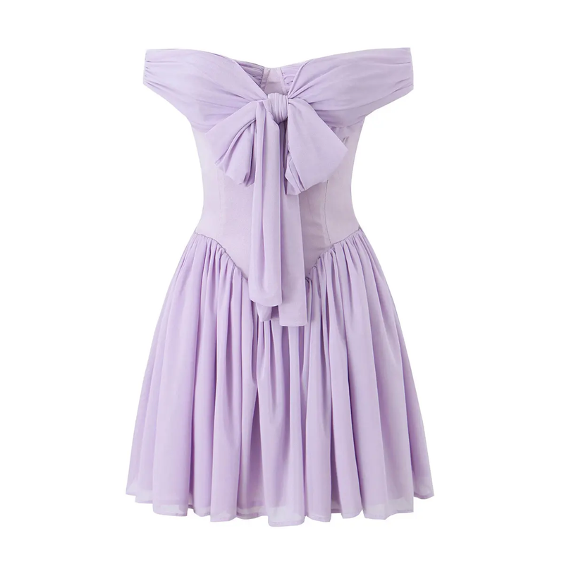 Kehlani Purple Bow Tie Off Shoulder Mini Dress