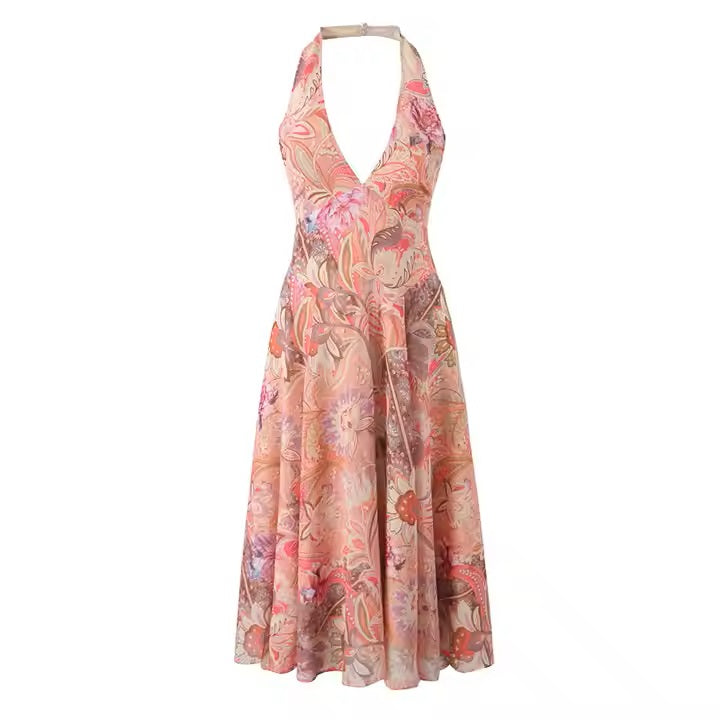 Darleena Multicolor Floral Print Back Hollow Out Halter Midi Dress