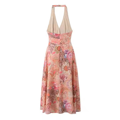 Darleena Multicolor Floral Print Back Hollow Out Halter Midi Dress