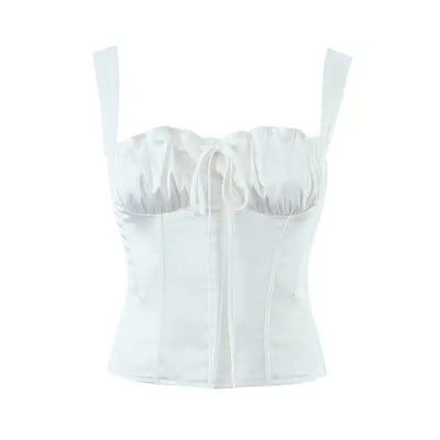 Finian White Shoulder Strap Lace Up Ruched Bust Back Zipper Crop Tank Top