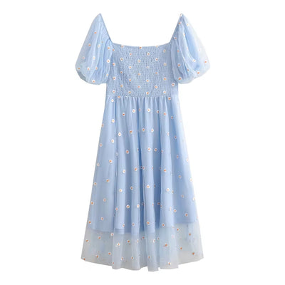 Rutia Powder Blue Square Collar Short Sleeve Floral Embroidery Midi Dress