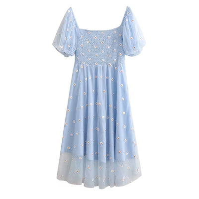 Rutia Powder Blue Square Collar Short Sleeve Floral Embroidery Midi Dress