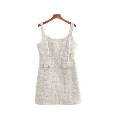 Trishna White with Black Front Gold Buttons Tweed Sleeveless Mini Dress