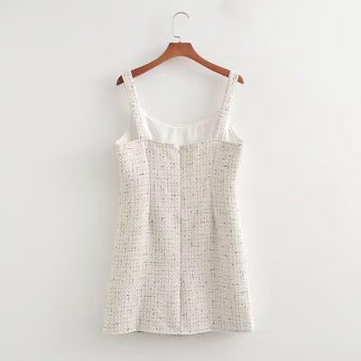 Trishna White with Black Front Gold Buttons Tweed Sleeveless Mini Dress