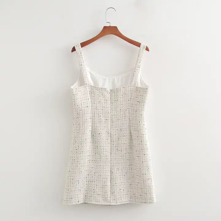 Trishna White with Black Front Gold Buttons Tweed Sleeveless Mini Dress