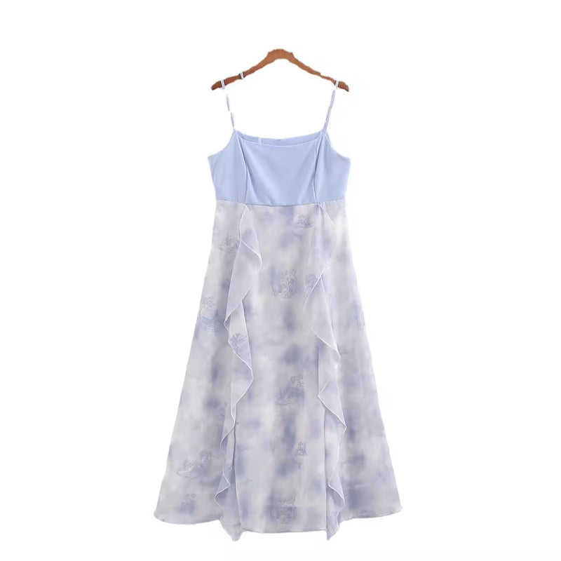 Oceana Blue Floral Print Patchwork Design Midi Dress