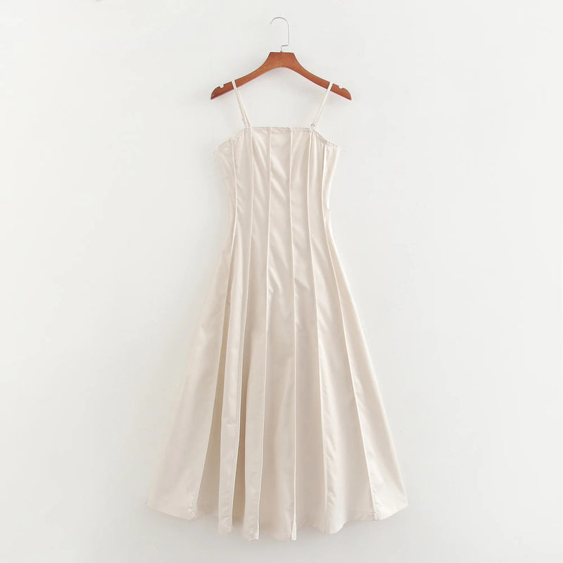 Lemmery Beige Thin Strappy Pleated Midi Dress