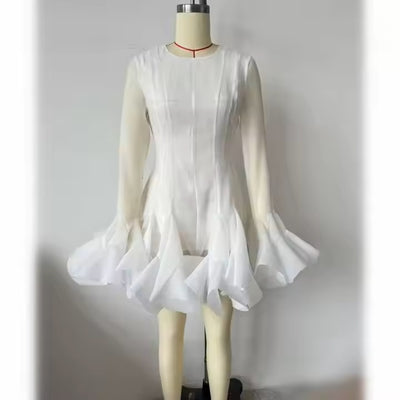 Binnie White Long Sleeve Ruffled Puffy Mini Dress