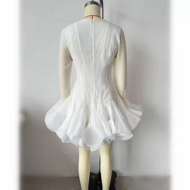 Binnie White Long Sleeve Ruffled Puffy Mini Dress