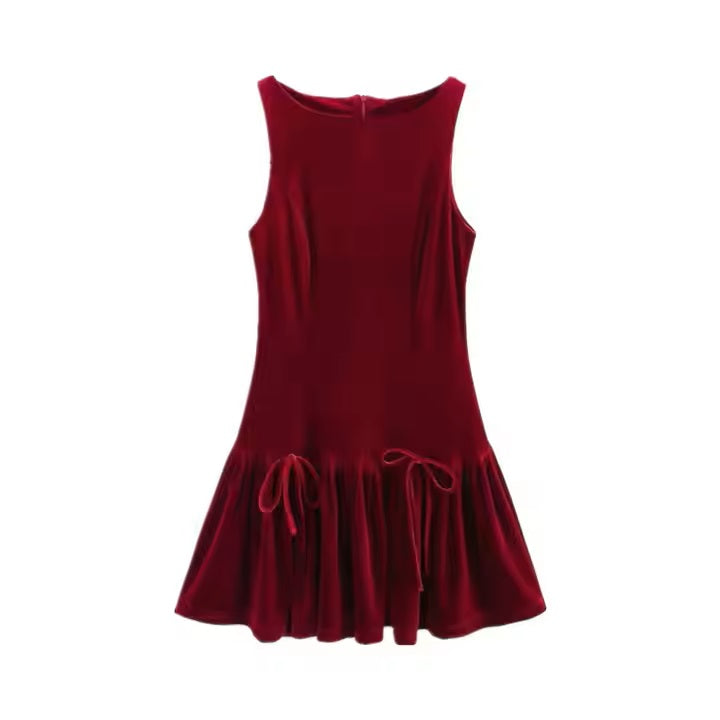 Godiva Wine Red Velvet Temperament Waist Slimming Bow Mini Dress