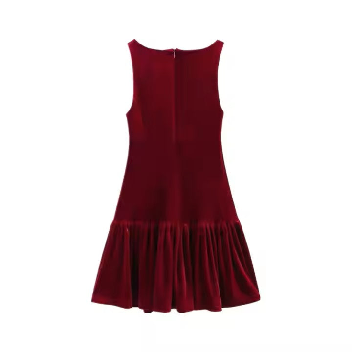 Godiva Wine Red Velvet Temperament Waist Slimming Bow Mini Dress