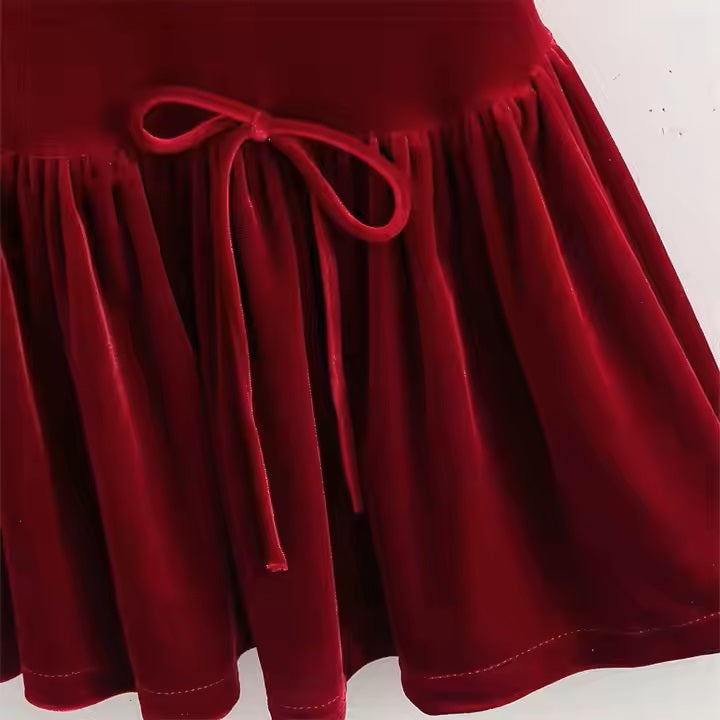 Godiva Wine Red Velvet Temperament Waist Slimming Bow Mini Dress