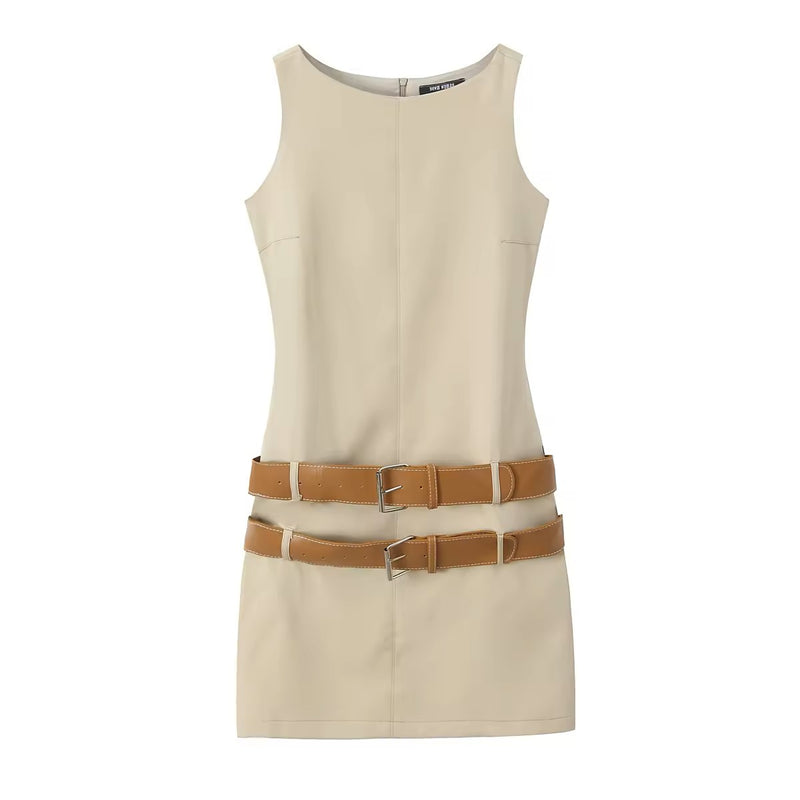 Athens Crew Neck Khaki Sashes  Midi Dress