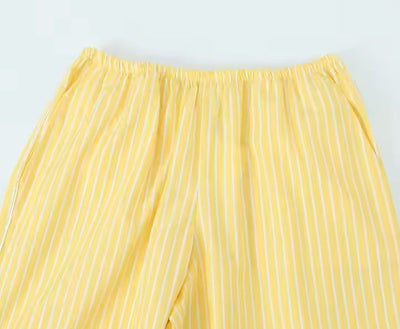 Ozara Yellow Striped Print Elastic Waist  Long Pants