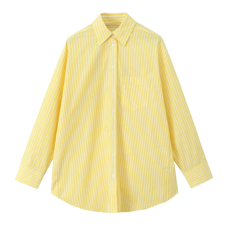 Oriana Pastel Yellow Striped Print Long Sleeve Buttons Up Top